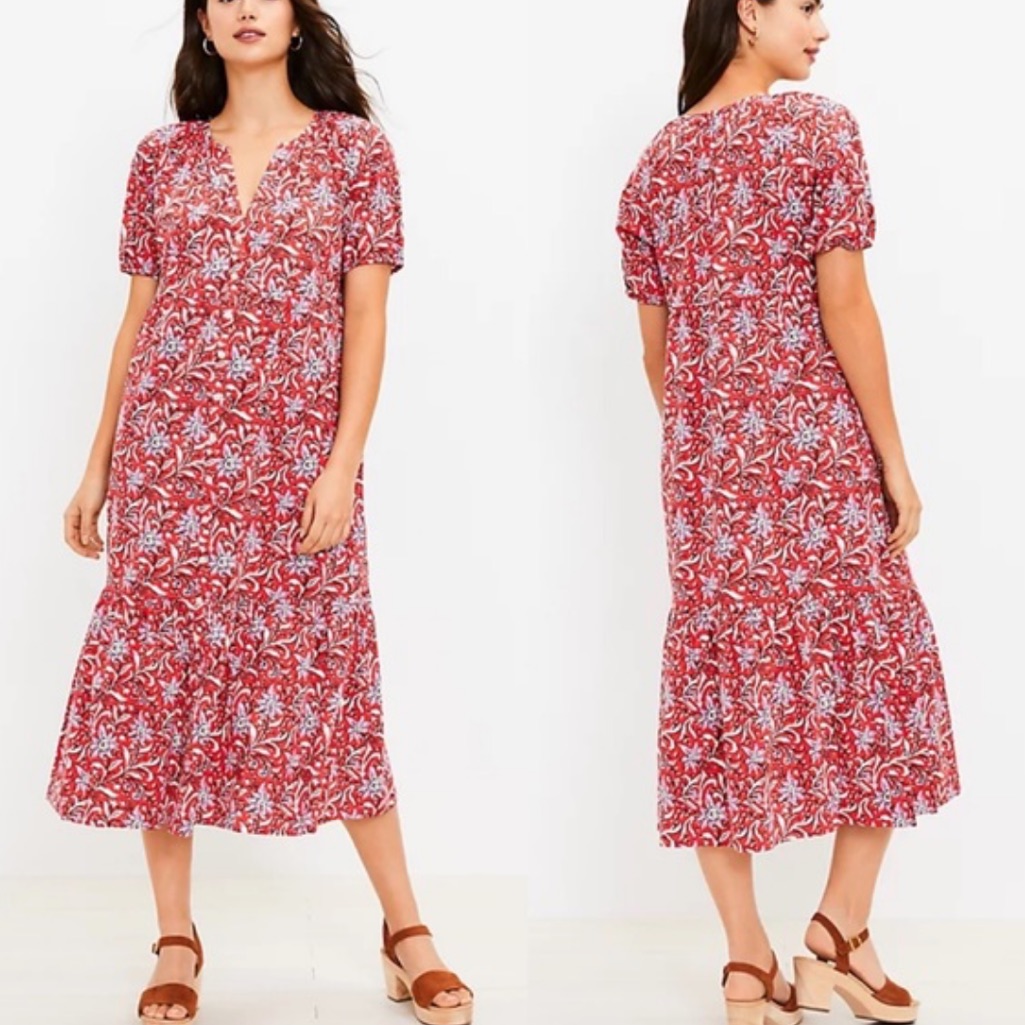 Loft Red & Pink Floral Print Button Front Short Sleeve Ruffle Hem Midi Dress